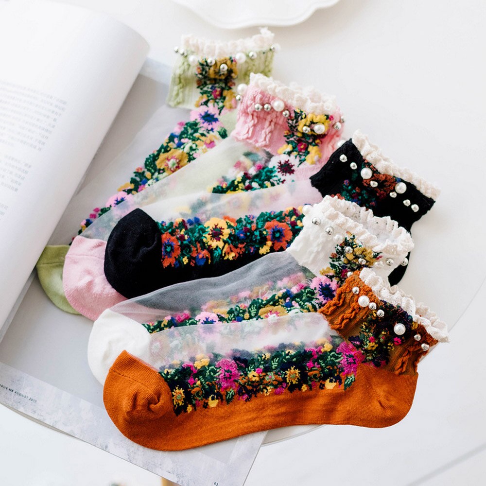 Alexandray WomenEmbroidery Flowers Socks Transparent Lace Mesh Pearl Beads Glass Socks